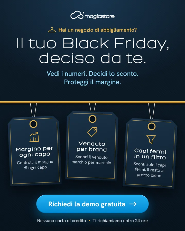 Hai un negozio di abbigliamento? Il tuo Black Friday, deciso da te: vedi i numeri, decidi lo sconto, proteggi il margine.