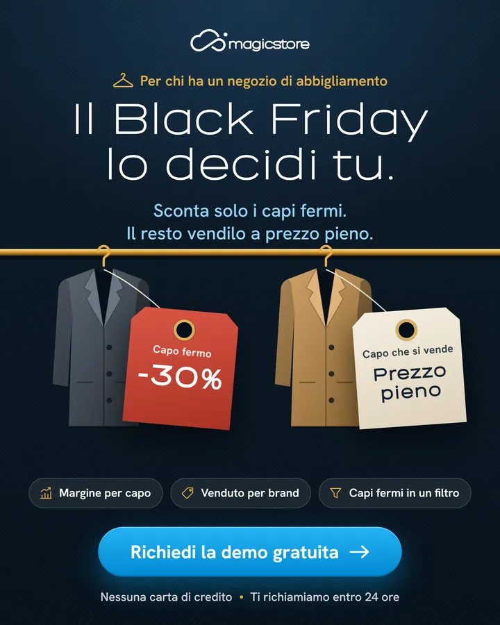 Per chi ha un negozio di abbigliamento. Il Black Friday lo decidi tu: sconta solo i capi fermi, il resto vendilo a prezzo pieno.