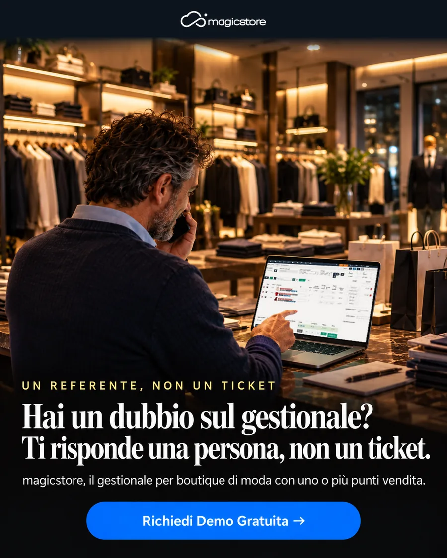 Hai un dubbio sul gestionale? Ti risponde una persona, non un ticket. magicstore, il gestionale per boutique di moda con uno o più punti vendita.